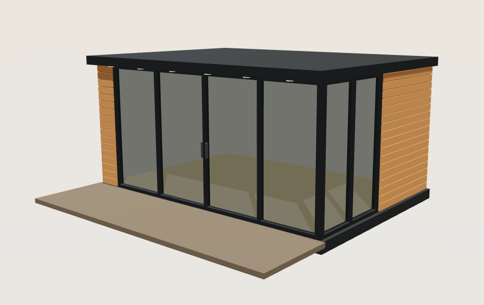 A garden room designed in the 3D builder — cedar cladding, anthracite frame and full-height glazing